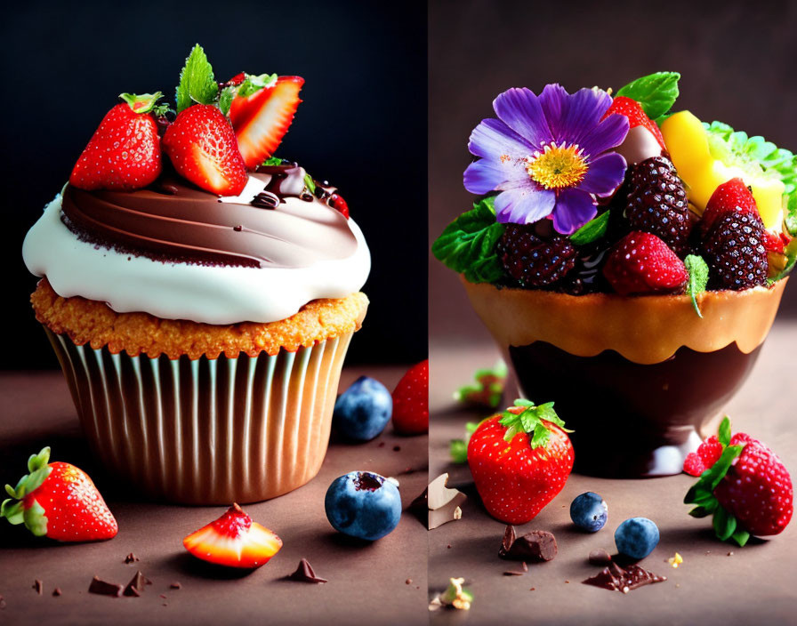 Chocolate and strawberry cupcake next to fruit-filled chocolate bowl with purple flower.