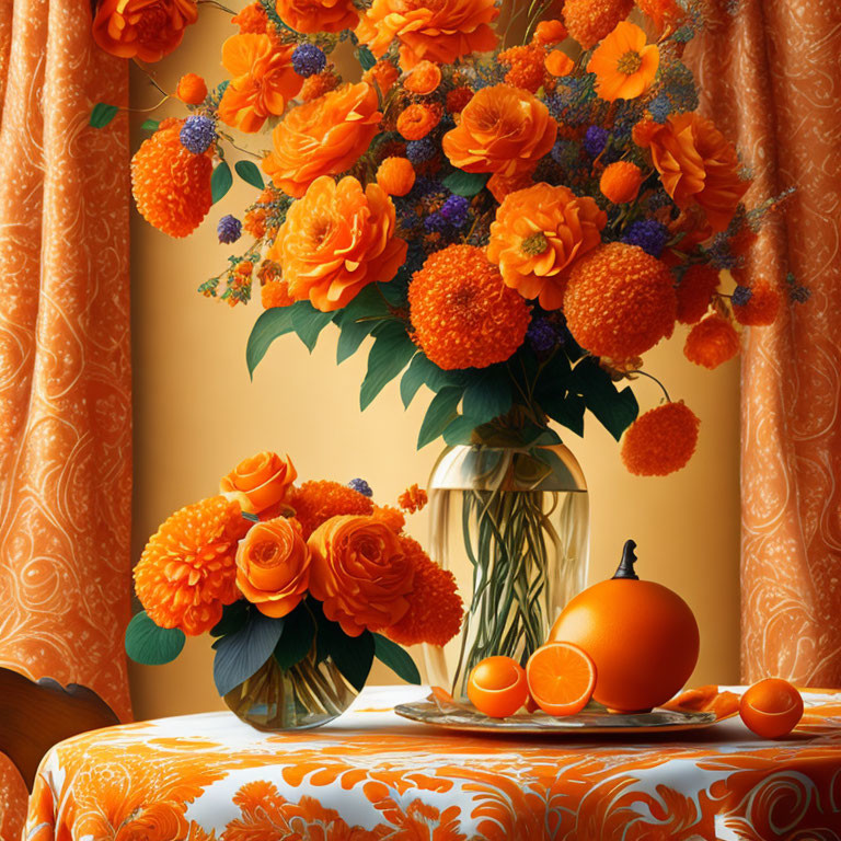 Bright orange floral arrangement with oranges in clear vase on orange-patterned tablecloth