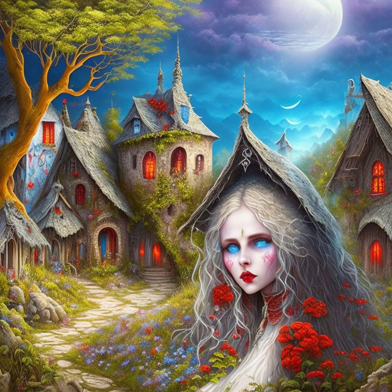 Ethereal woman with white hair in enchanting village under twilight sky