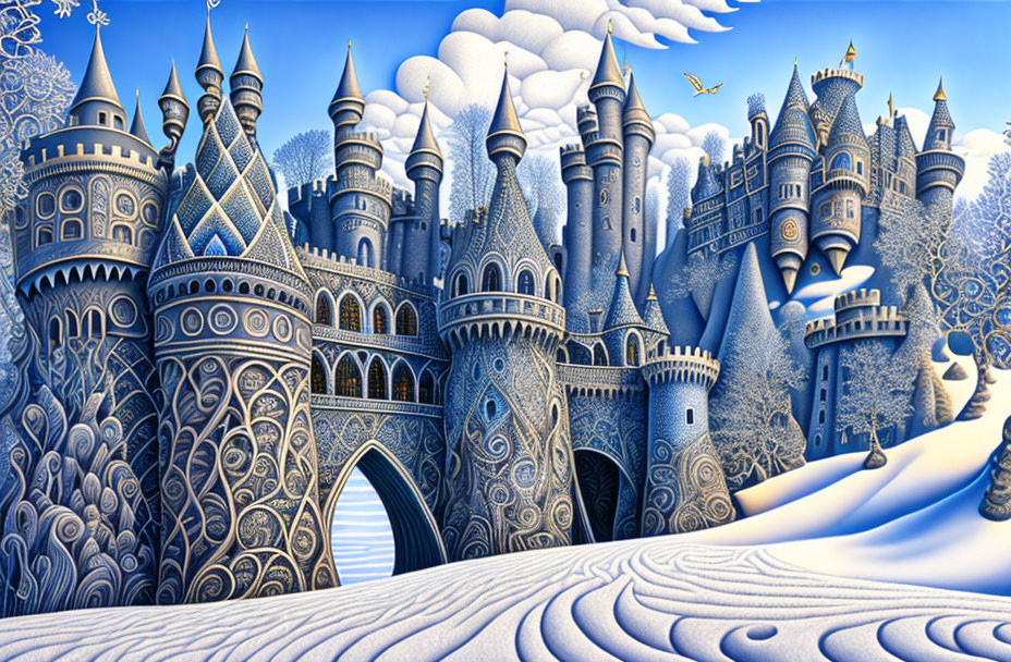 Detailed fantasy ice castle illustration against snowy hills & blue sky