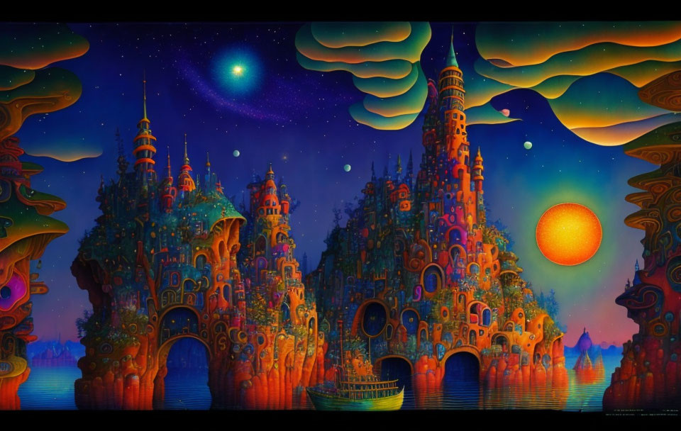 Colorful fantasy artwork: ornate towers, night sky, stars, moon, sun, boat