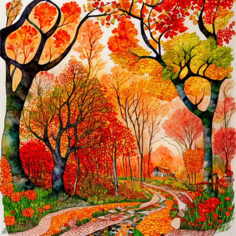 Autumn landscape painting: winding path, small house, red and orange trees, warm sunset sky