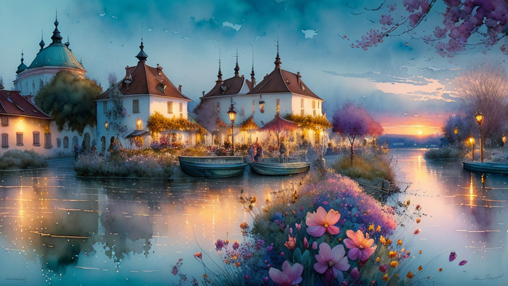 Riverside sunset scene with blooming flowers, moored boats, vintage buildings, and twinkling