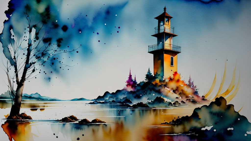 Colorful watercolor painting of lighthouse on rocky outcrop