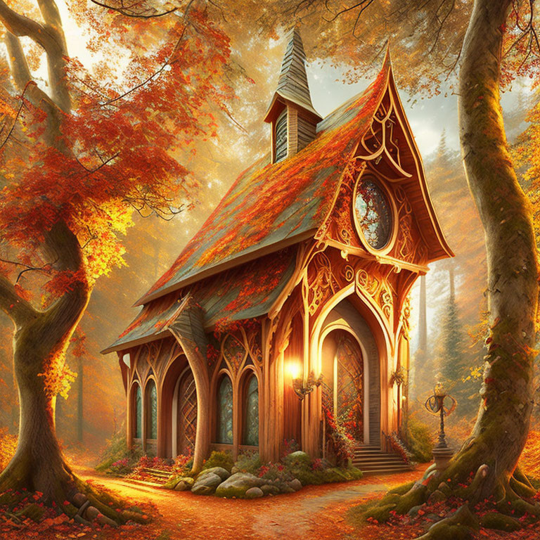 Ornate woodwork chapel in autumn forest light