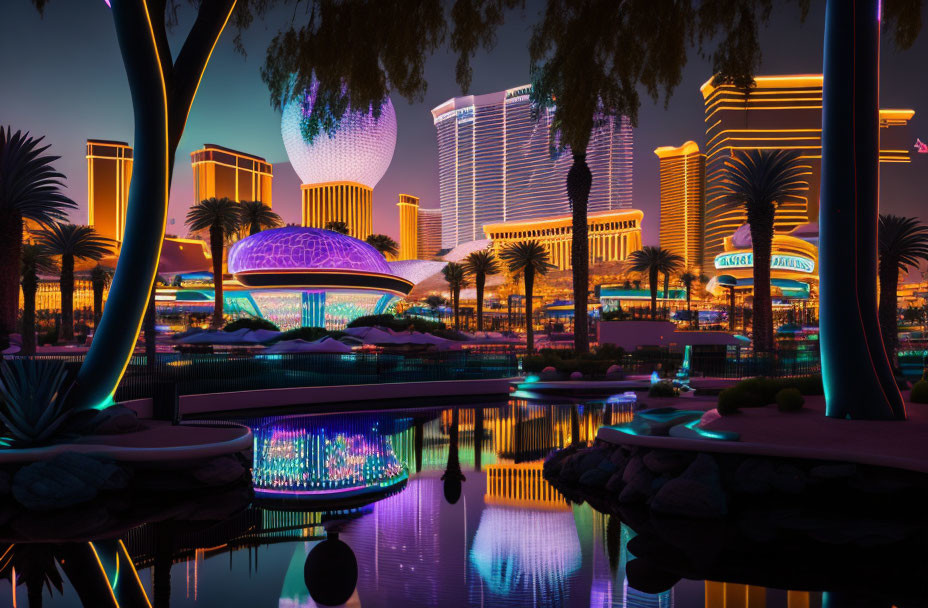 Illuminated Las Vegas night scene with casino resorts, palm trees, and dusky sky