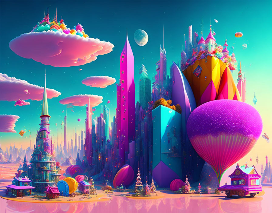 Colorful skyscrapers in vibrant fantasy cityscape