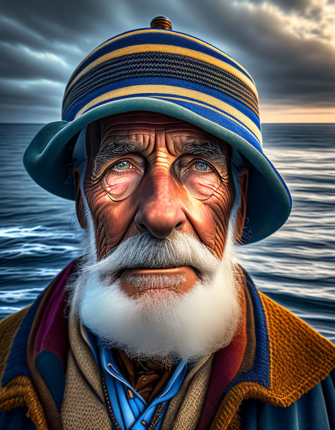 Elderly man with striped hat and white beard against ocean backdrop