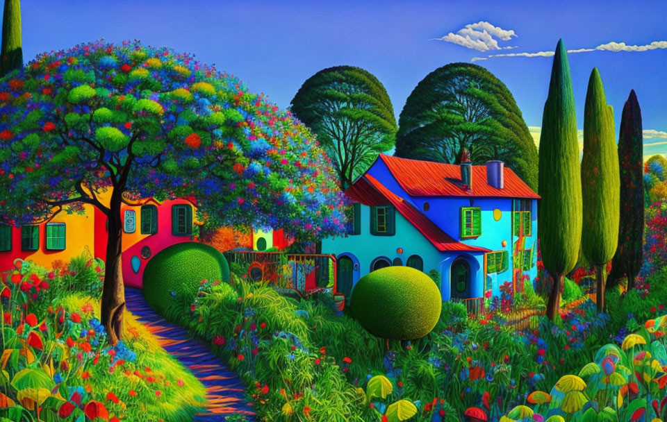 Colorful Whimsical Garden Painting with Stylized Houses and Blooming Flora