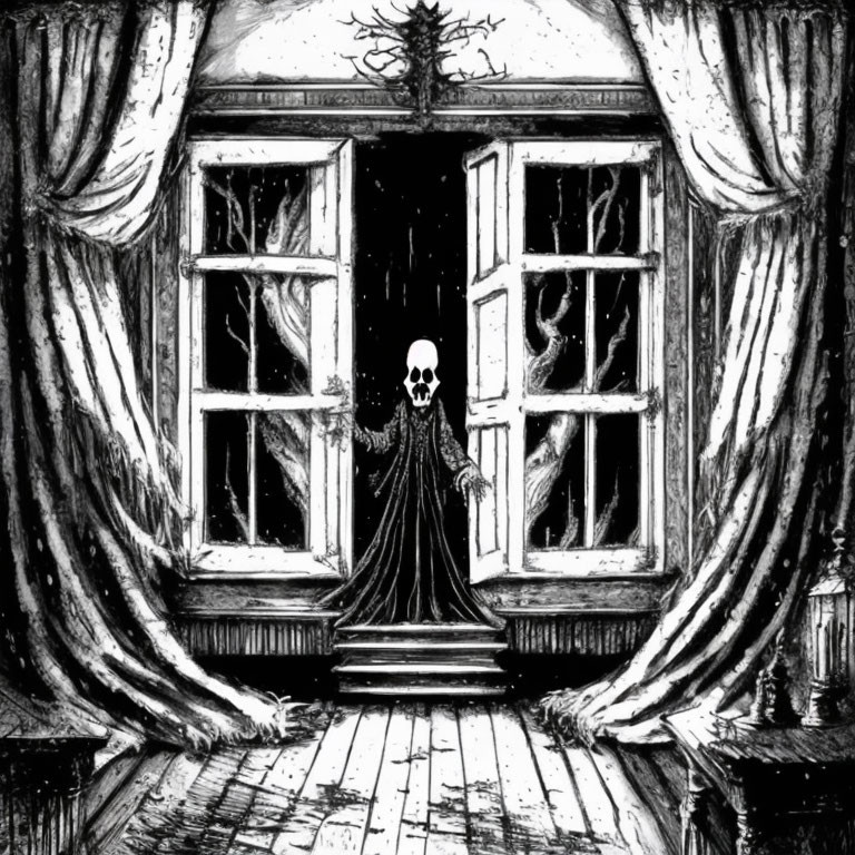 Monochromatic skeletal figure in dark room with bare trees visible through windows