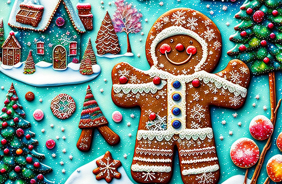 Vibrant gingerbread-themed winter scene illustration