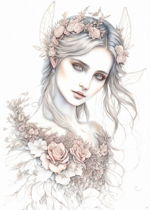 Ethereal woman with elfin features and floral attire.