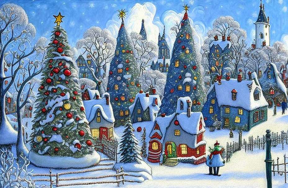 Festive winter landscape with Christmas trees, cottages, vintage attire, starry sky.