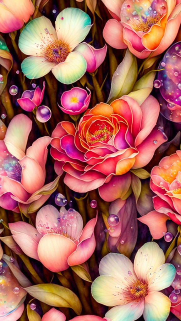 Colorful digital artwork: Blooming flowers with water droplets