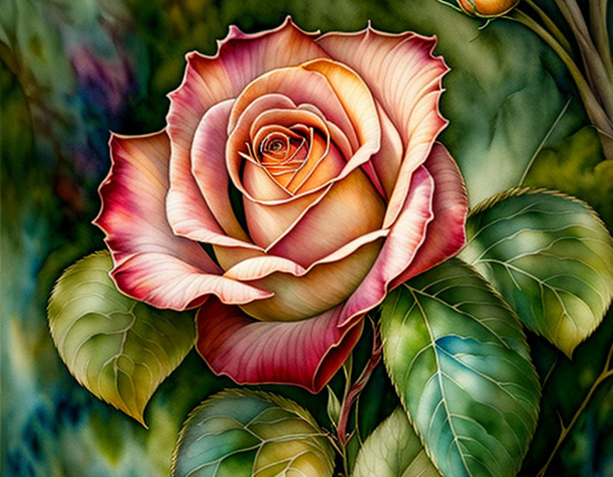 Detailed illustration of a vibrant pink and yellow rose with green leaves on a soft-focused background