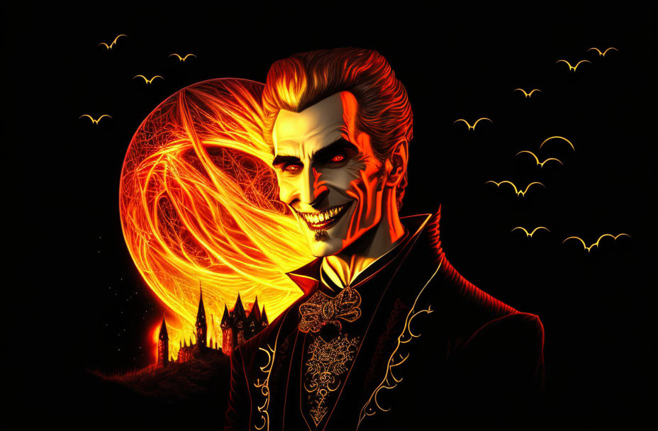 Illustration of grinning vampire in front of fiery moon, bats, and haunted castle