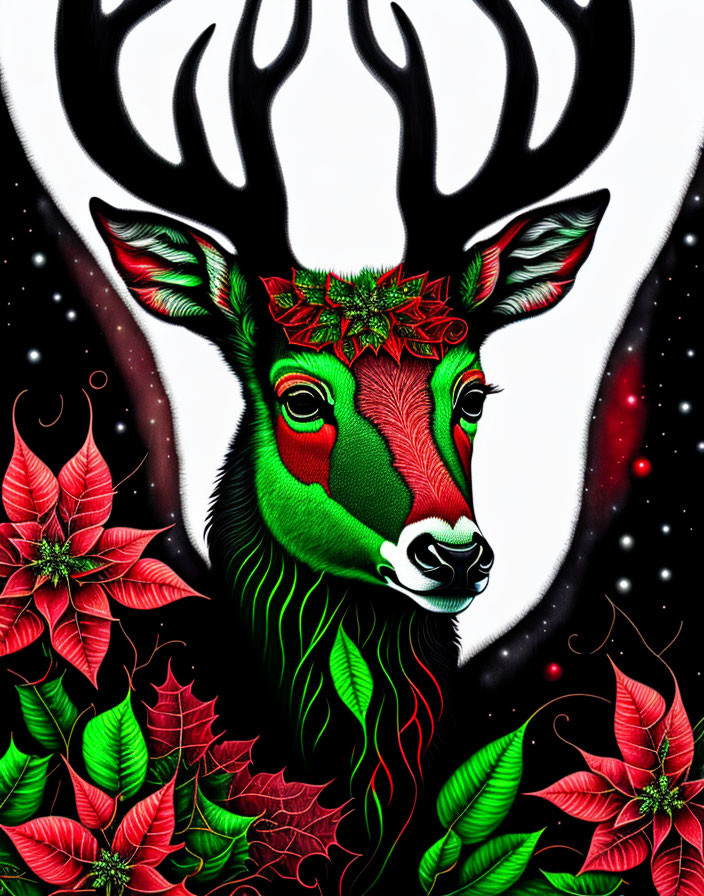 Colorful deer with green face and festive decorations on celestial background