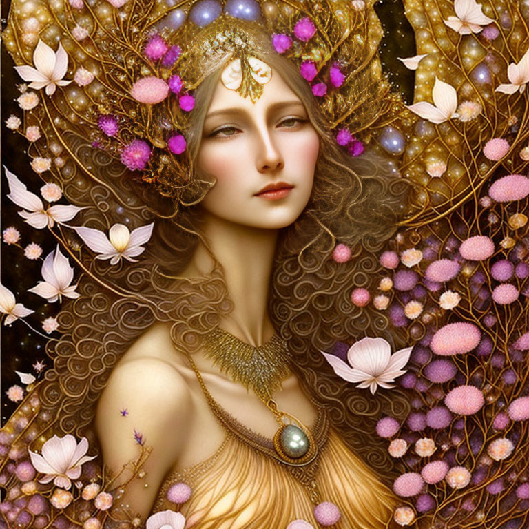 Ethereal female figure with golden crown in fantasy floral scene