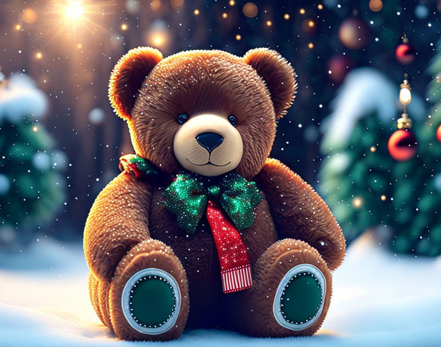 Striped scarf plush teddy bear in snowy festive scene