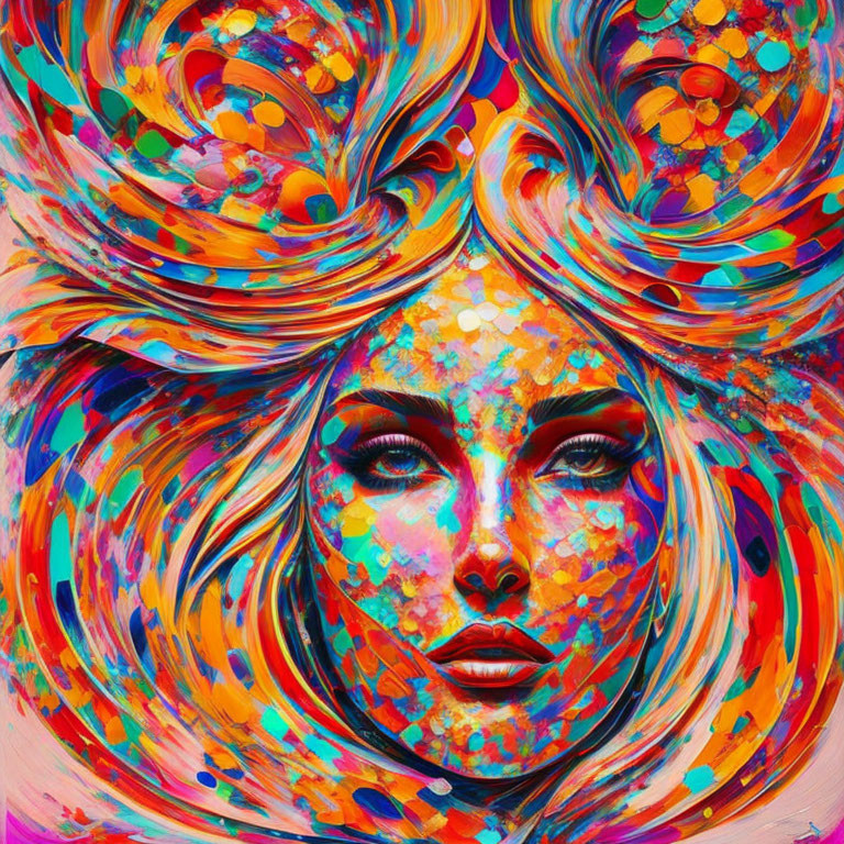 Colorful Abstract Portrait of Woman with Swirling Hair