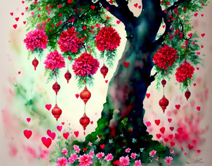 Whimsical tree illustration with pink blossoms, red lanterns, hearts, and green foliage