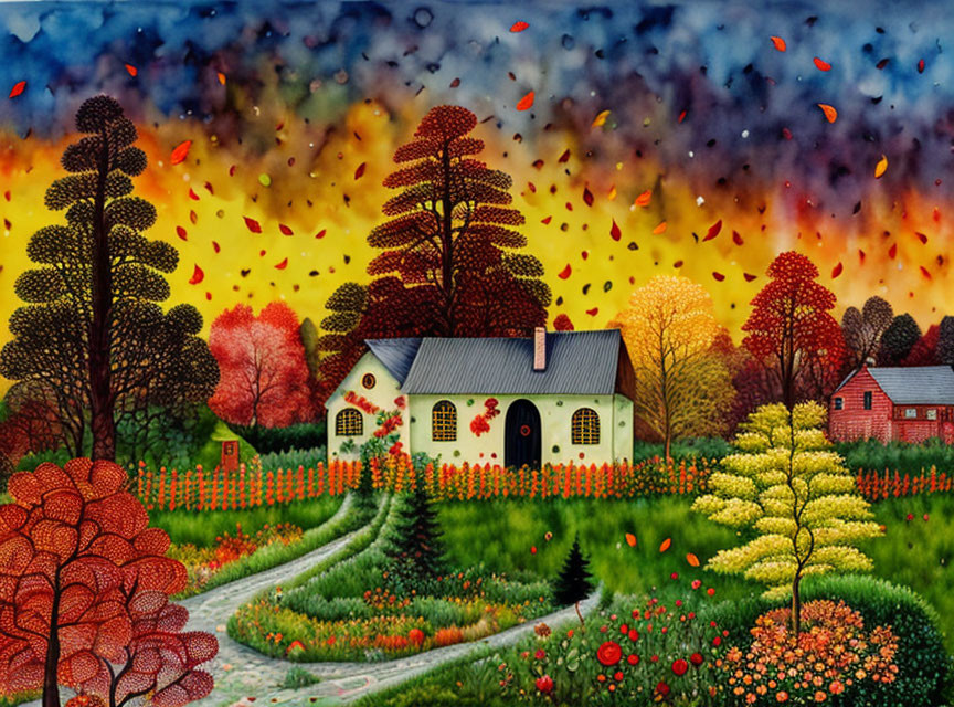 Colorful rural landscape painting with white house, red barn, gardens, and multicolored trees under