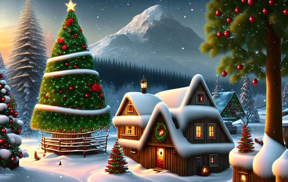 Winter scene: Snowy cottages, Christmas trees, and mountains at night