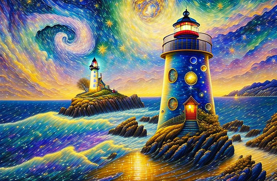 Surrealist painting: Two lighthouses on rocks with starry sky