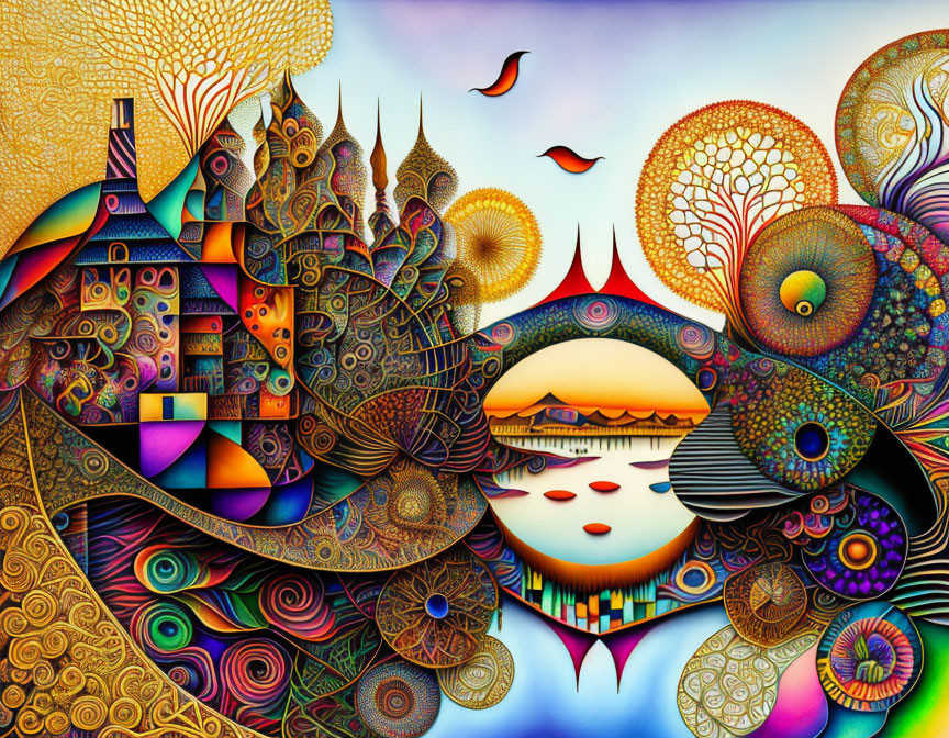 Colorful surreal illustration with face, sunset, and nature elements in kaleidoscopic patterns