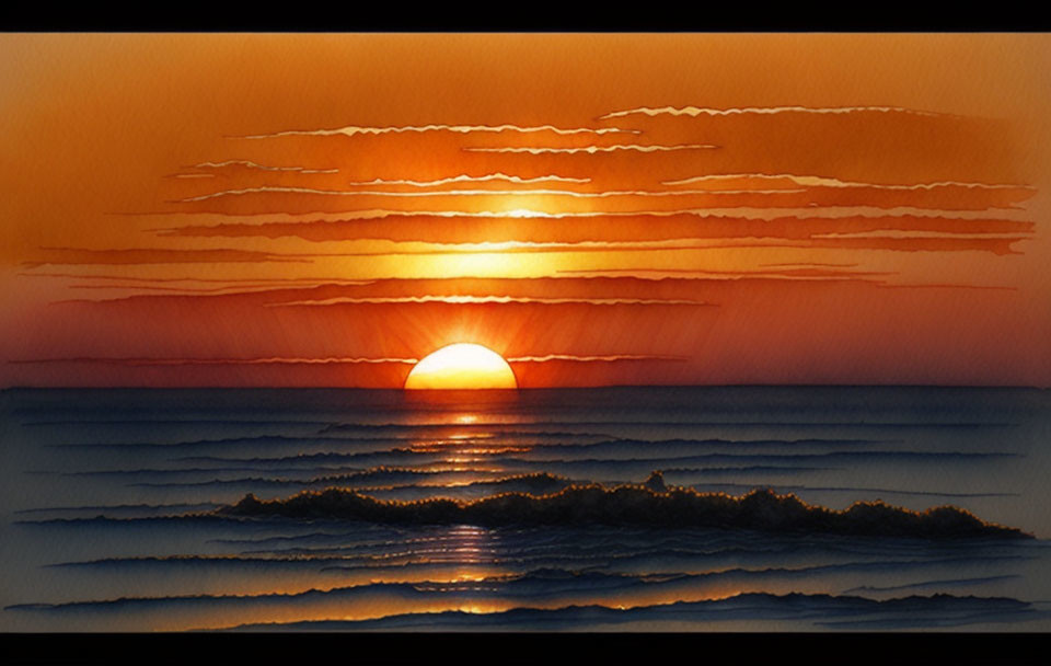 Vibrant sunset over ocean with half-submerged sun, streaked clouds, and rippling water