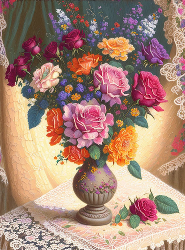 Colorful Rose Bouquet in Decorated Vase on White Tablecloth