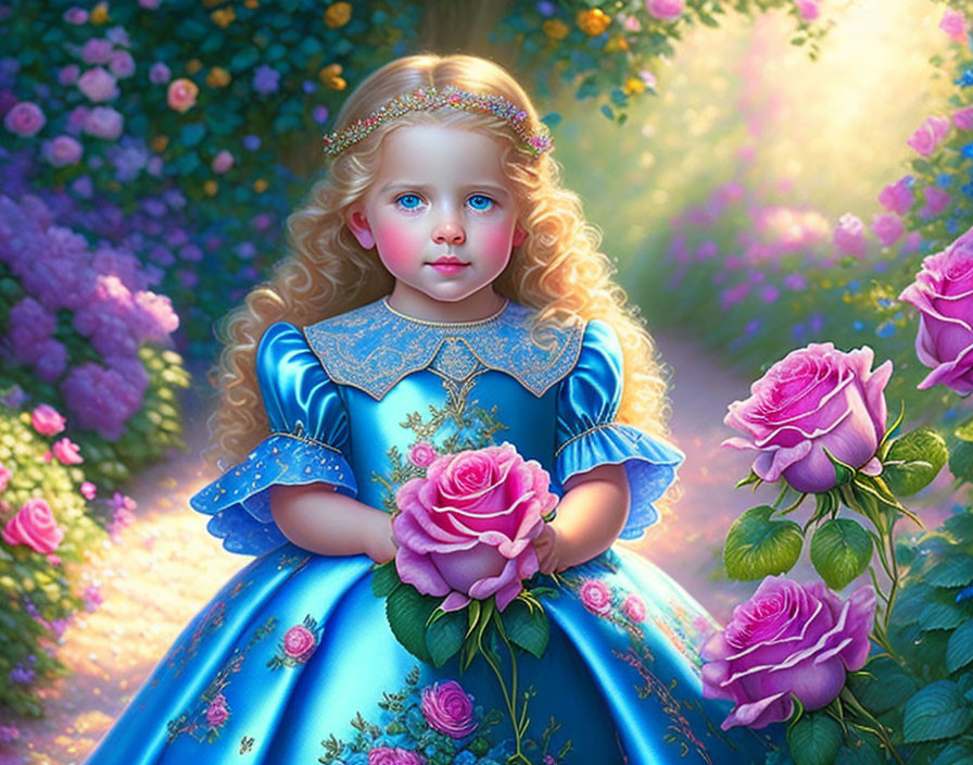 Young girl in blue dress with golden trimmings amidst roses and ethereal glow