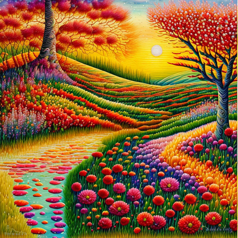 Colorful landscape painting with stylized trees, sun, and rolling hills.