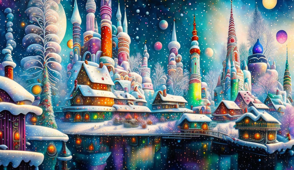 Colorful Winter Village with Snowflakes & Icy River