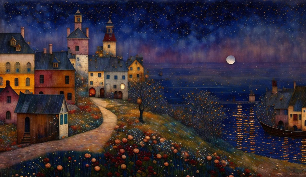 Starry night painting of colorful village by calm sea