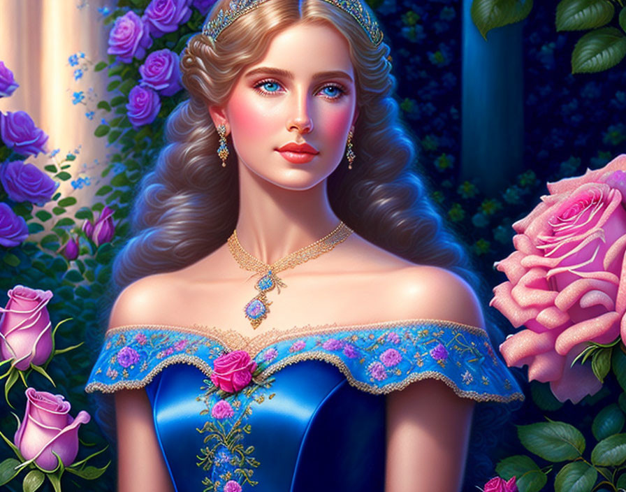 Fairytale princess digital art: blue-eyed, blue gown, surrounded by pink roses