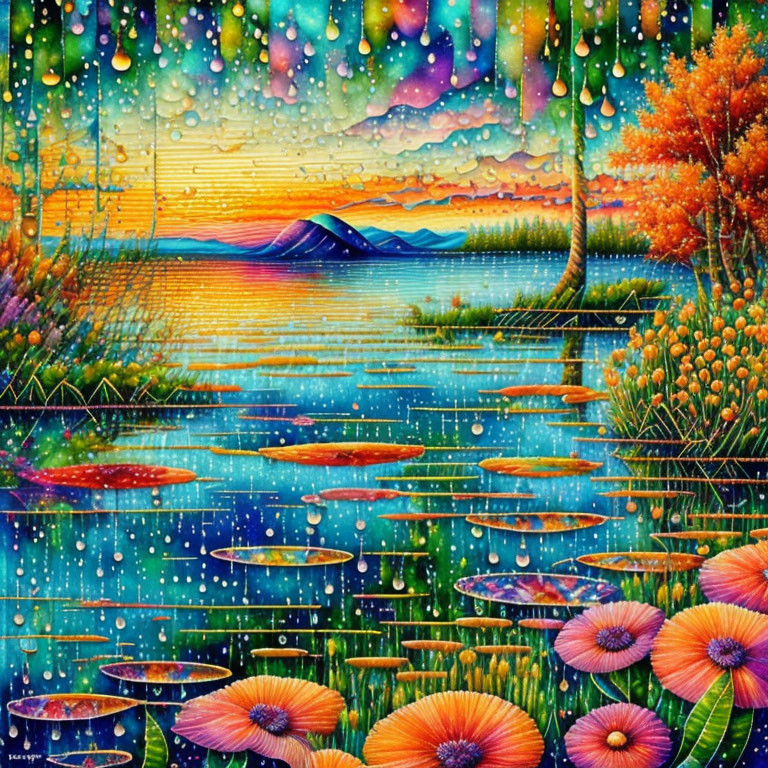 Colorful Rainy Landscape Jigsaw Puzzle with Lake, Lily Pads, Flowers, and Mountain