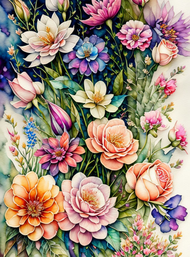 Detailed painting of vibrant roses and lilies with rich colors.