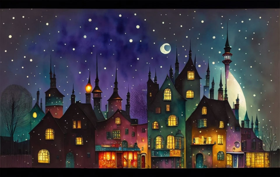 Colorful Night Scene: Whimsical Town with Glowing Moon