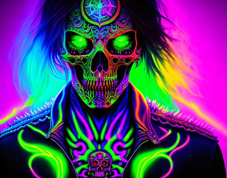 Colorful neon illustration: skull-faced figure in studded jacket on vibrant psychedelic backdrop