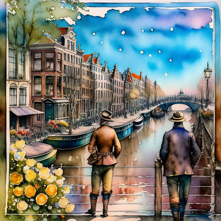 Vintage Attired Individuals by Colorful Canal with Boats and Flowers