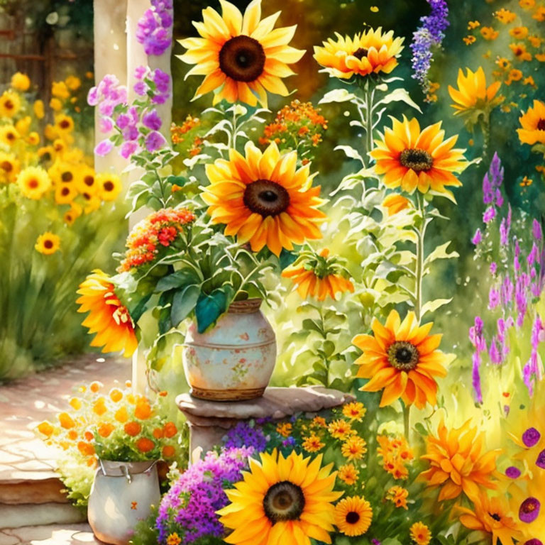 Colorful Garden with Sunflowers, Blooming Flowers, Stone Pathway, and Greenery