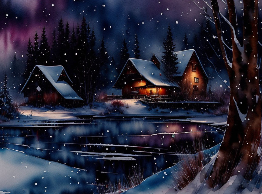 Snowy Night by Still Lake with Lit Cabins Under Starry Sky