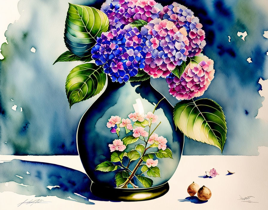 Purple Hydrangeas and Pink Flowers in Blue Vase with Leaves and Nuts on White Surface