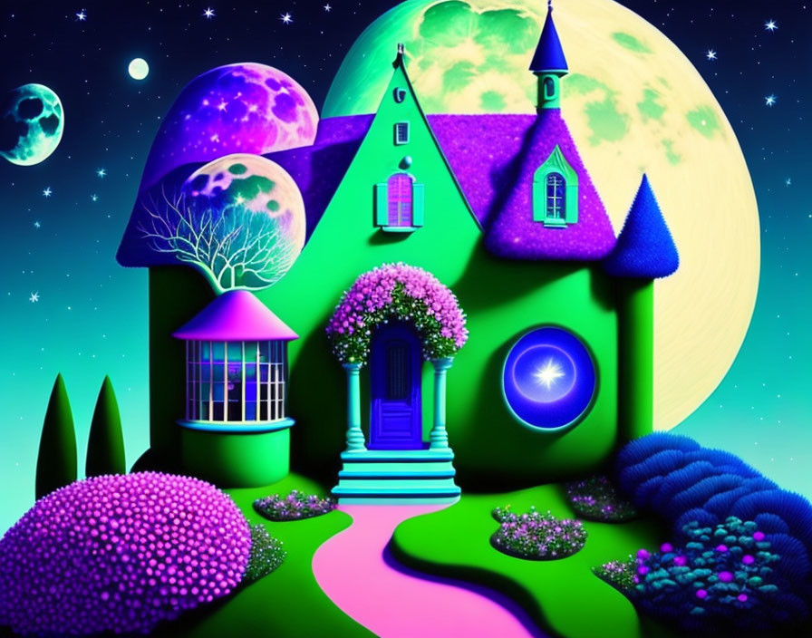 Colorful fantasy house with pink path under starry night sky