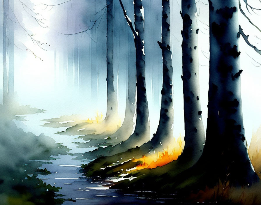 Misty forest watercolor painting with towering trees and stream