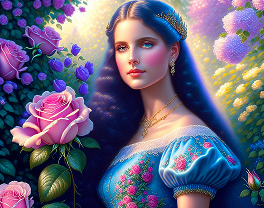 Woman in Blue Dress Surrounded by Roses and Jewels