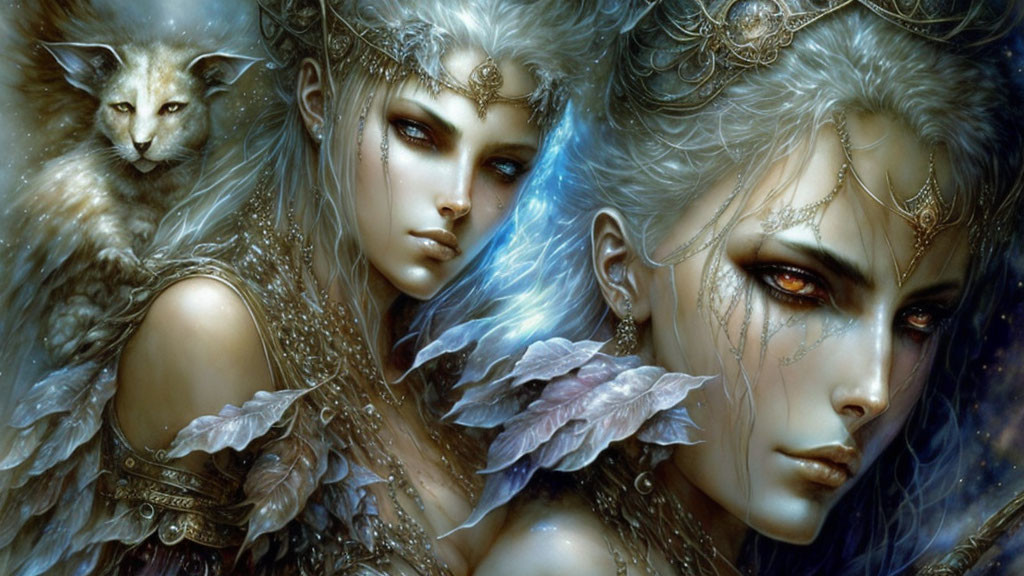 Fantasy artwork: Twin female figures with pale blue skin, silver headpieces, and mystical aura with