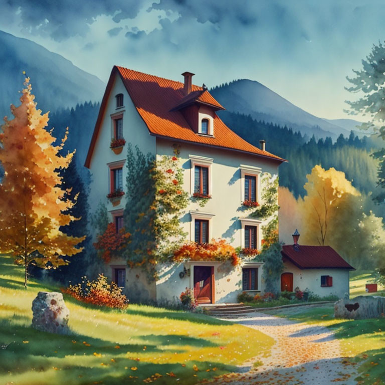 White House with Red Roof Surrounded by Autumn Trees and Mountain Backdrop