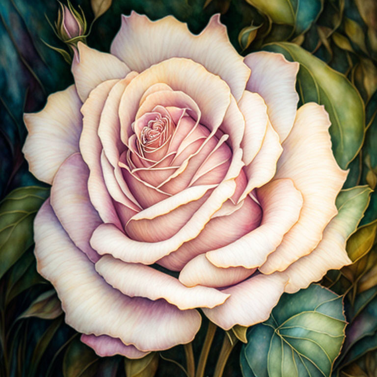 Detailed Painting of Pale Pink Rose with Layers of Petals on Dark Background